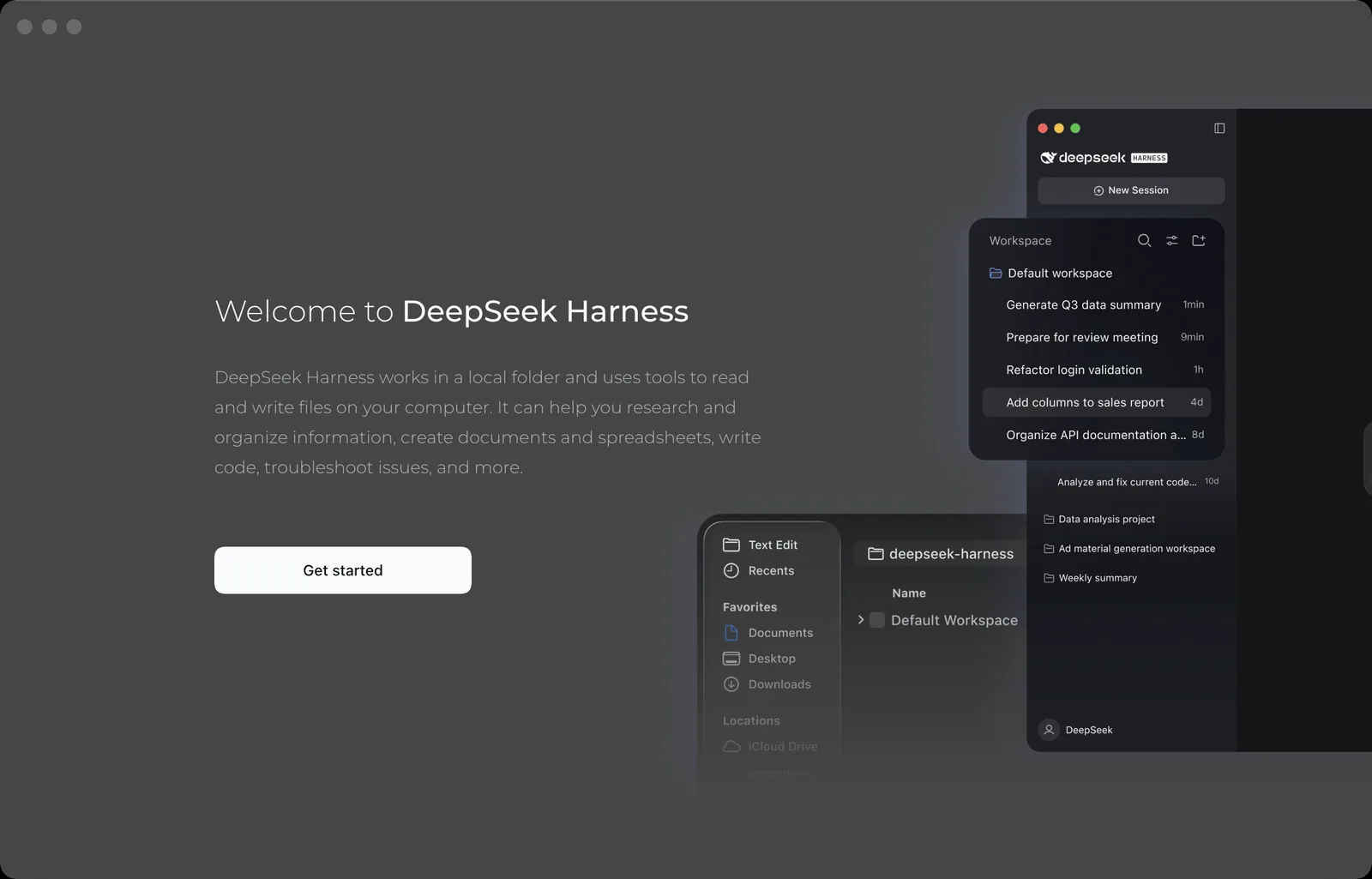 Первый экран DeepSeek Harness с кнопкой Get started