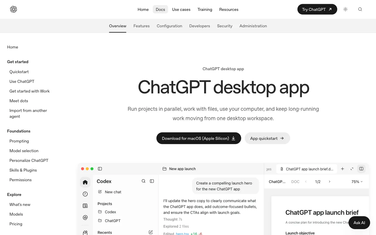 Страница загрузки приложения ChatGPT с кнопкой Download for macOS