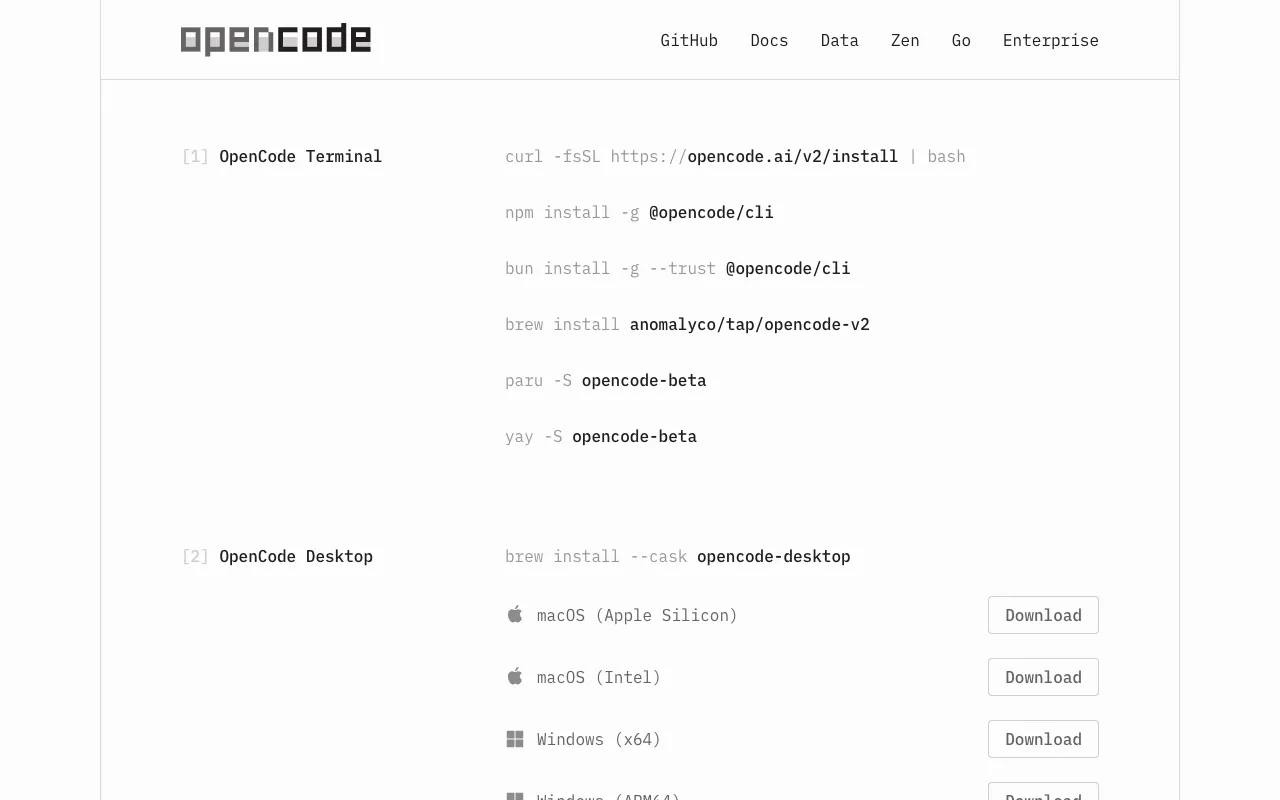 Страница opencode.ai/download: OpenCode Desktop для macOS и Windows